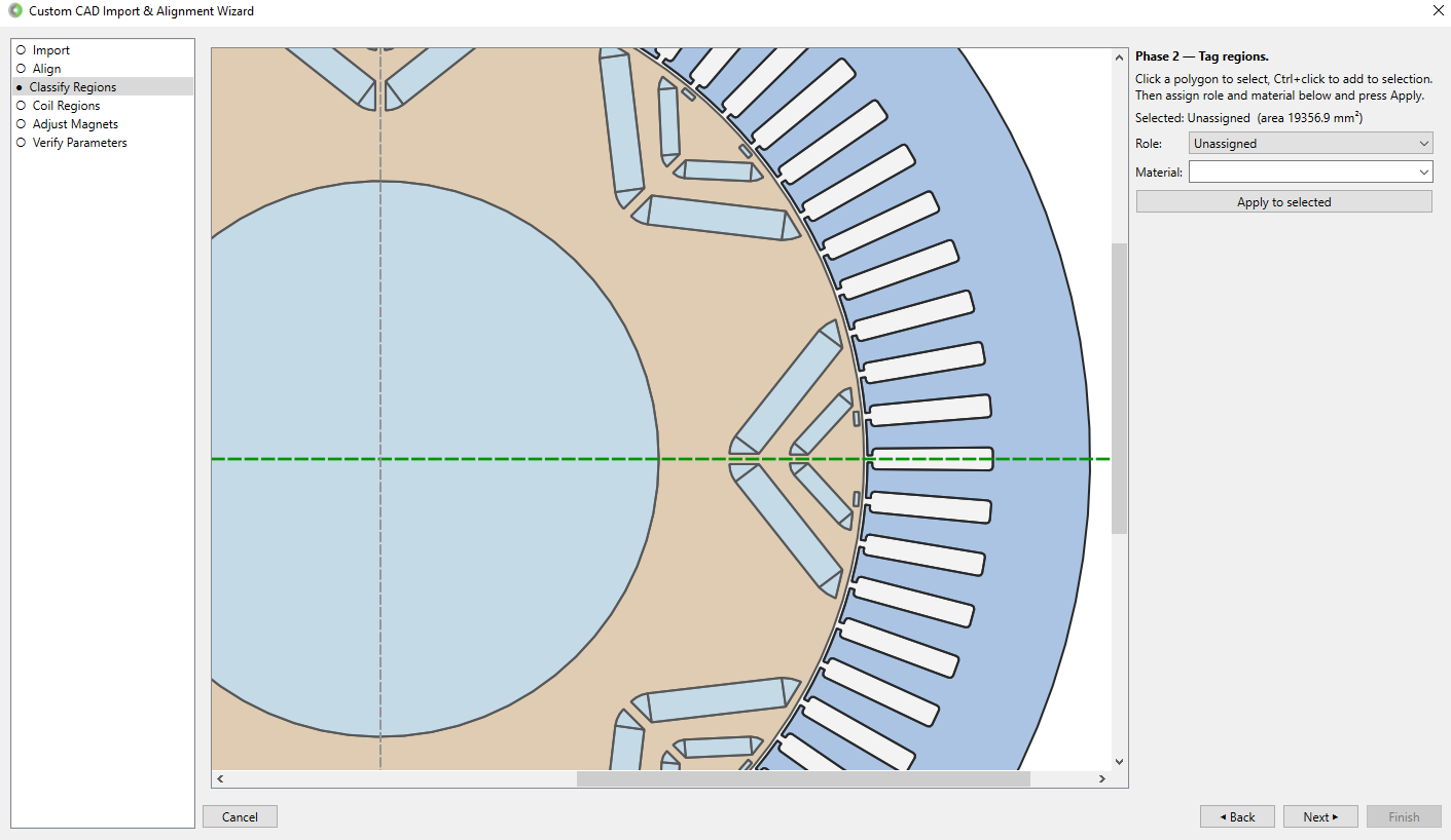 DXF CAD import and alignment wizard tagging motor regions